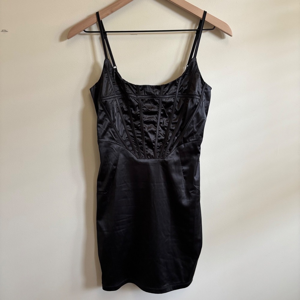 Tic Toc Black Satin Corset Mini Dress Small Bodycon Spaghetti Strap LBD